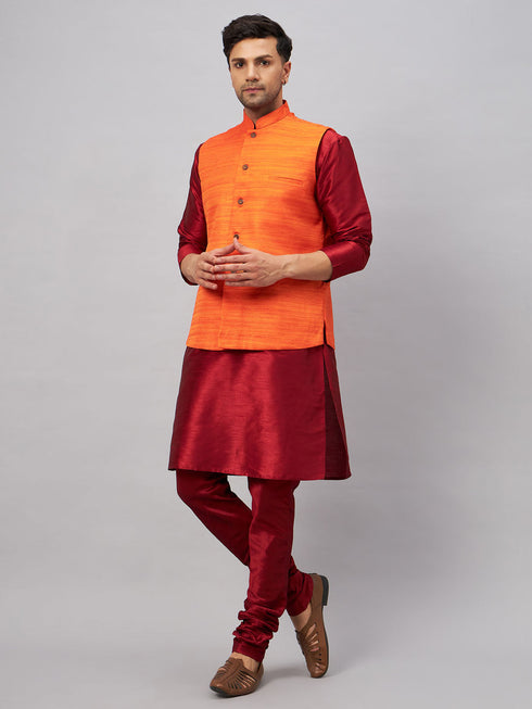 Vastramay Men's Orange Matka Silk Nehru Jacket With Maroon Silk Blend Kurta Pyjama Set